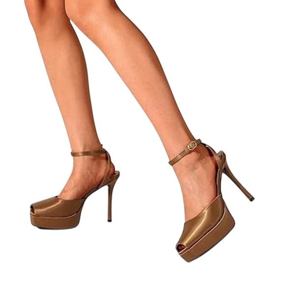 New Manoloshow Womens Size 8 Brown Satin Peep Toe Slingback 4.75" Heel Shoes - Picture 2 of 6